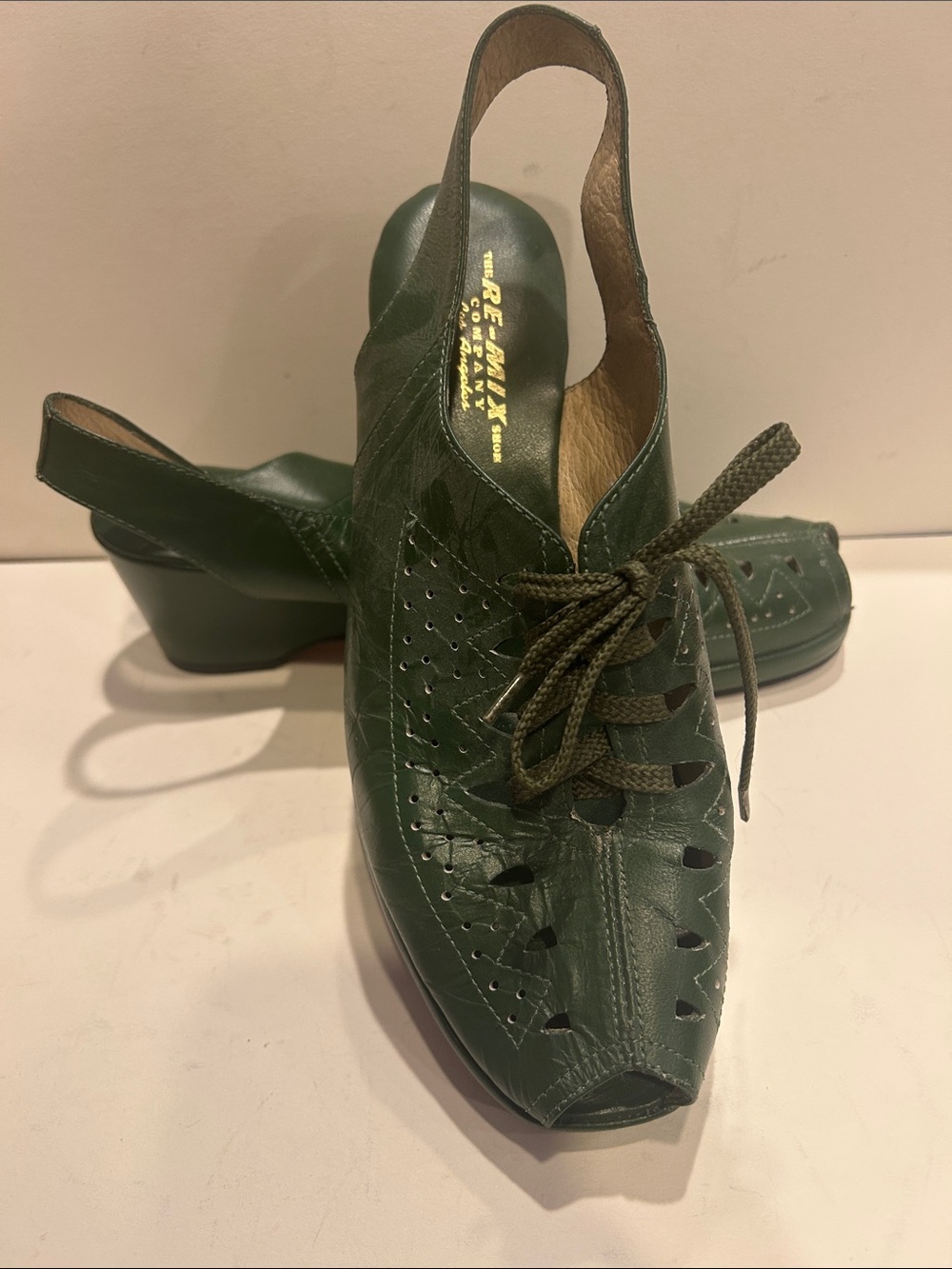 Re-Mix Company Los Angeles Vintage Green Perforated Lace-Up Slingback Wedge Heel